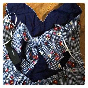 Blue and White Gingham Floral Print Dress